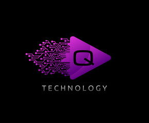 Digital Q Play Logo Icon. Triangle and digital line shape icon perfect for music, audio and movie icon design company.