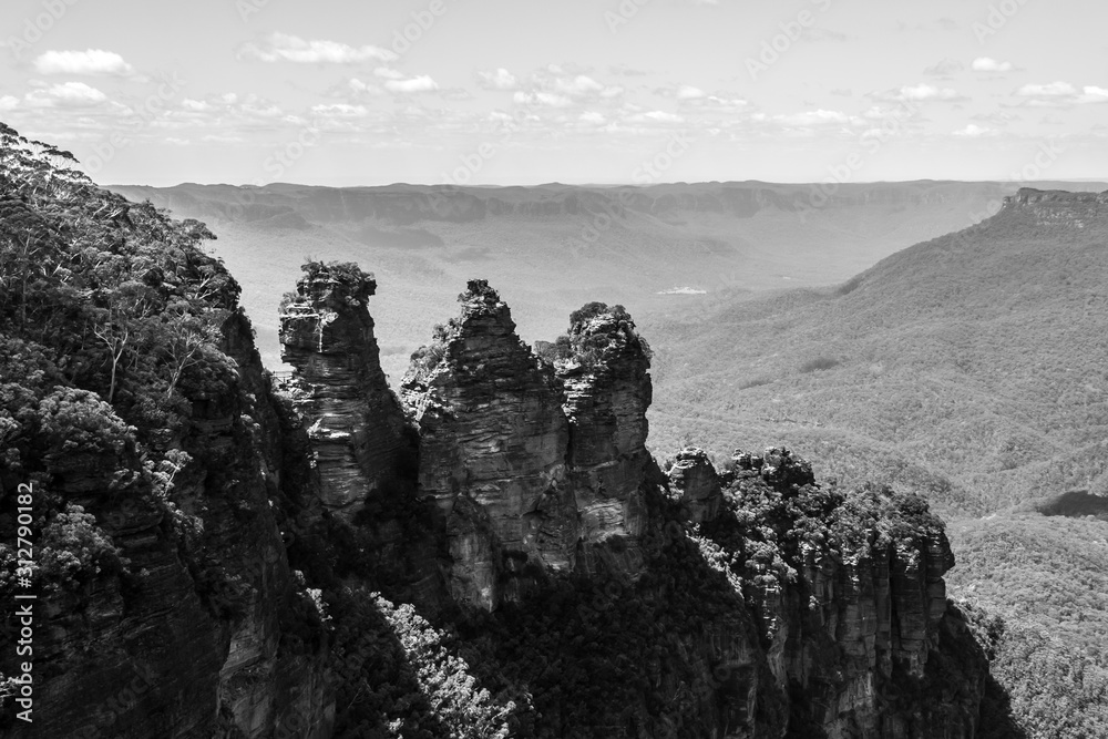 Poster black and white landscape of three sisters rock is the blue mountains. echo point katoomba, new sout