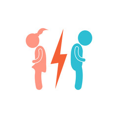 Vector divorce icon. The man and the woman near the lightning icon on white isolated background. Layers grouped for easy editing illustration. For your design.