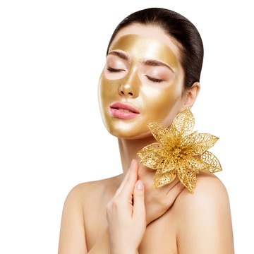 Woman Gold Mask, Facial Skin Beauty Cosmetic, Beautiful Girl Luxury Spa And Relax