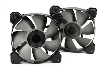 Fototapeta two high performance cooling fans 120 mm for computer hardware isolated on white background obraz