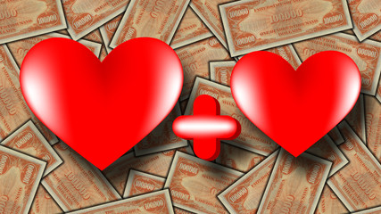 Illustration of two red hearts and plus on a background of scattered US banknotes of 100,000 dollars