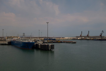 Fototapeta premium Travel by ferry from Kazakhstan to Azerbaijan on the Caspian sea. From the port of Kuryk to the port of Alat. Seascape.