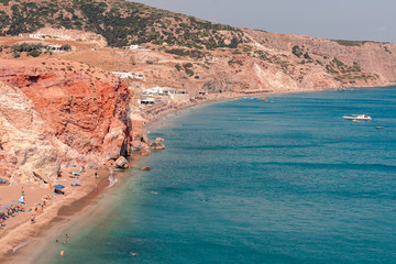 View on the seaside landscape Milos island at Paliochori beach at summer sun