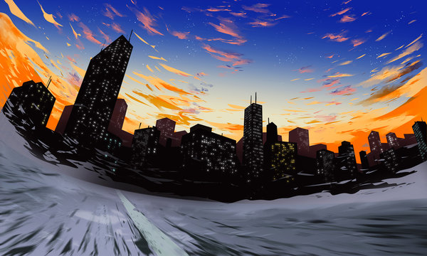 Skyline with street and sundown Illustration