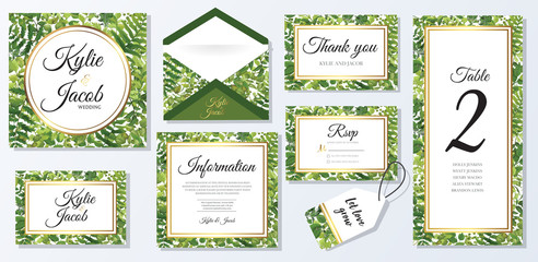 Wedding Imenu card, information, table number. Floral design with green watercolor leaves, foliage greenery decorative frame print. Vector elegant cute rustic greeting, invite, postcard