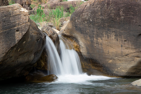 Small Waterfalls In Gorge Pools, Injisuthi Campsite, Central Drakensberg, South Africa. Small Natural Pools, A Babbling Brook And Smooth Waterfalls