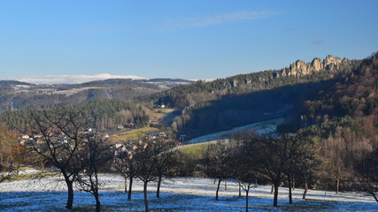 View on Suche skaly, Krkokoše mountain in the background, Mala skala, Bohemian paradise, Czech republic