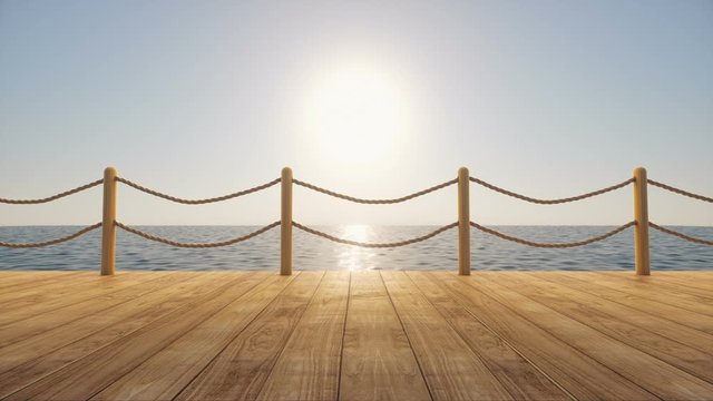 Wooden dock on blue sea in a bright day 3d render title animated background loop