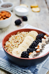 Greek yogurt almond banana Chia seeds Quinoa blackberry breakfast bowl