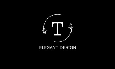 Design of modern monogram on black background with letter T. Vector floral logo.