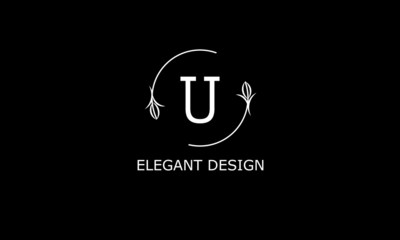 Design of modern monogram on black background with letter U. Vector floral logo.