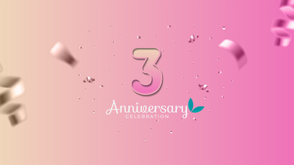 3rd anniversary. Gradient pink and yellow Numbers with sparkling confetti. Modern elegant gradient background design vector EPS 10. For wedding party or company event decoration.