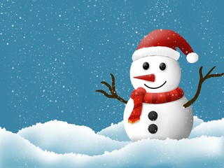 Illustration design of snowman.The snowman smiling and standing in the snow.