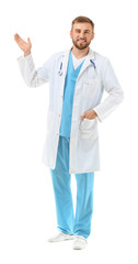 Portrait of male doctor showing something on white background