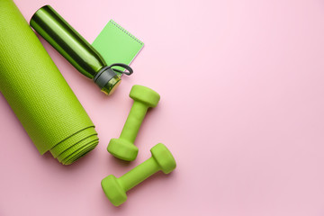 Dumbbells with notebook, yoga mat and bottle of water on color background