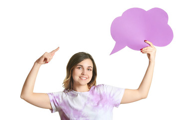 Young woman with blank speech bubble on white background