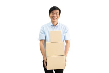 Happy Asian old man carrying a heavy parcel boxes close up, health problem in elder people's lifestyle.  Isolated on white background.