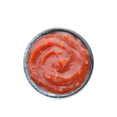 Bowl with tasty barbecue sauce on white background