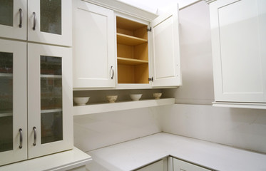 close up on white kitchen cabinet with door open