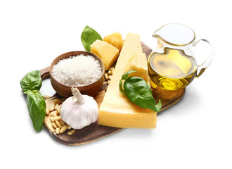 Ingredients for pesto sauce on white background