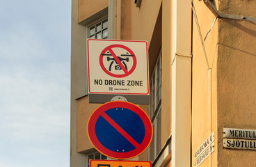 Sign prohibition of flights for drones. No drones all remote controlled aircraft are prohibited sign. No drone zone sign. Flights with drone prohibited. Helsinki, Finland