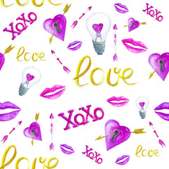 seamless pattern valentines day with love, lips, arrows, bulb