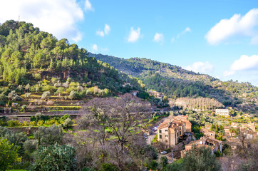 Fototapeta na wymiar Houses on the green hill in the coastal village Deia in Mallorca, Spain. Traditional buildings in terraces on the slope surrounded by green trees. Spanish tourist destination