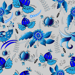 Vector floral seamless pattern in russian style with birds