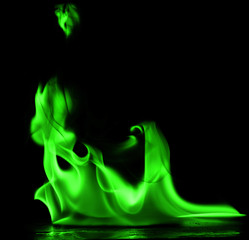 Fototapeta na wymiar Beautiful fire green flames on a black background.