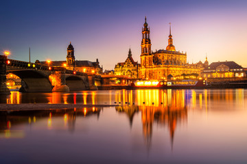 The famous church called Hofkirche and a bridge over the river Elbe in Dresden, Germany