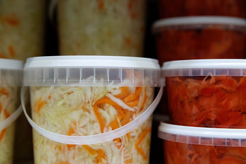 Preserved food, marinated fermented and pickled vegetables in jars