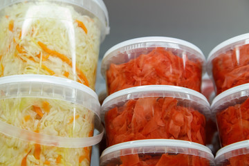 Fototapeta na wymiar Preserved food, marinated fermented and pickled vegetables in jars