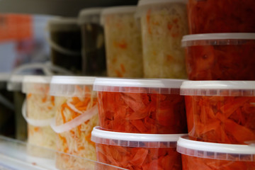 Preserved food, marinated fermented and pickled vegetables in jars