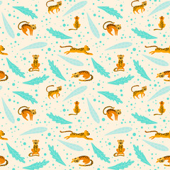 Obraz premium Seamless pattern with cute cartoon leopards and floral elements. Flat vector illustration.