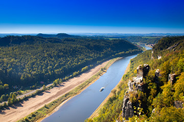 View from the Bastei to the Elbe, Elbe Sandstone Mountains, Saxon Switzerland, Saxony, Germany,Europe