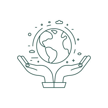 Hands Holding Planet Earth Icon In Line Art