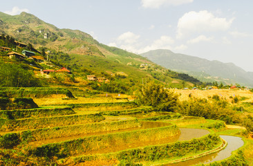  Scenic view of Y Linh Ho valley with rice terraces surrounded with mountains by Sapa, Vietnam 