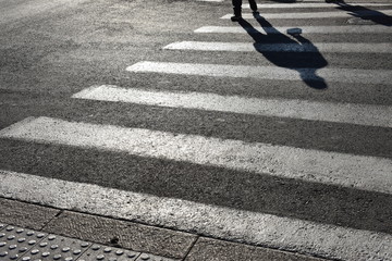 Black and white shadows on zebra crossing. Shadows on the asphalt crosswalks