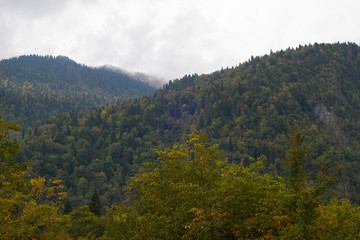 Abkhazia. Jeep trip to the mountains. The Gega waterfall, lake Riza
