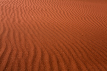 Wadi Rum Desert in Jordan. On the Sunset. Panorama of beautiful sand pattern on the dune. Desert landscape in Jordan.