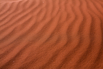 Fototapeta na wymiar Wadi Rum Desert in Jordan. On the Sunset. Panorama of beautiful sand pattern on the dune. Desert landscape in Jordan.
