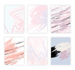 Collection of covers with brush strokes for books, magazines, catalogs. Rose and black. Vertical banners set in modern style. Black rough brush strokes. Stamp for Calligraphy. Typographic template