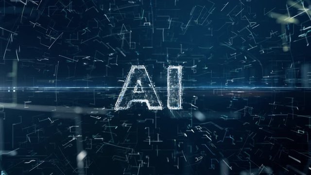 AI appearence inside digital cyberspace dynamic background. Big Data Transformation. Binari code flows through technology space. Artificial Intelligence and Computer Vision new era. Text animation