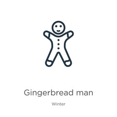 Gingerbread man icon. Thin linear gingerbread man outline icon isolated on white background from winter collection. Line vector sign, symbol for web and mobile