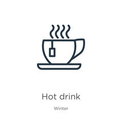 Hot drink icon. Thin linear hot drink outline icon isolated on white background from winter collection. Line vector sign, symbol for web and mobile