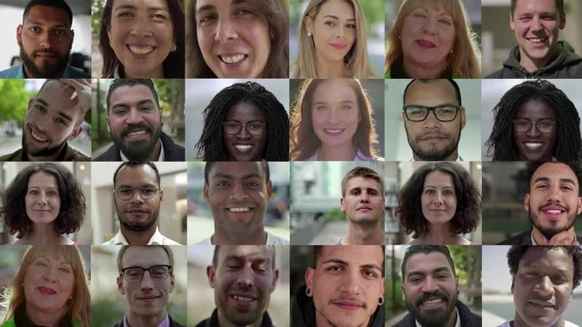 Diverse people looking at camera. Split screen collage of various multiethnic men and women standing and smiling at camera. Emotion concept