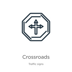 Crossroads icon. Thin linear crossroads outline icon isolated on white background from traffic signs collection. Line vector sign, symbol for web and mobile
