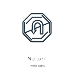No turn icon. Thin linear no turn outline icon isolated on white background from traffic signs collection. Line vector sign, symbol for web and mobile