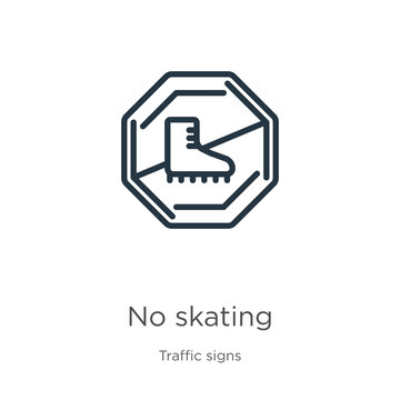 No skating icon. Thin linear no skating outline icon isolated on white background from traffic signs collection. Line vector sign, symbol for web and mobile